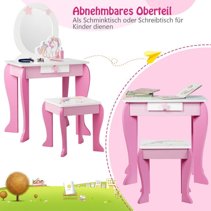 Kids Vanity Table with Stool, Removable Mirror & Drawer