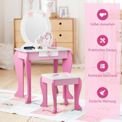 Kids Vanity Table with Stool, Removable Mirror & Drawer