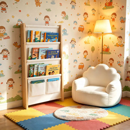 Kids' Wall Bookshelf with Fabric Pockets, MDF & Polyester