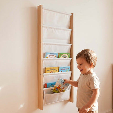 Kids' Wall Bookshelf with Fabric Pockets – Natural/White