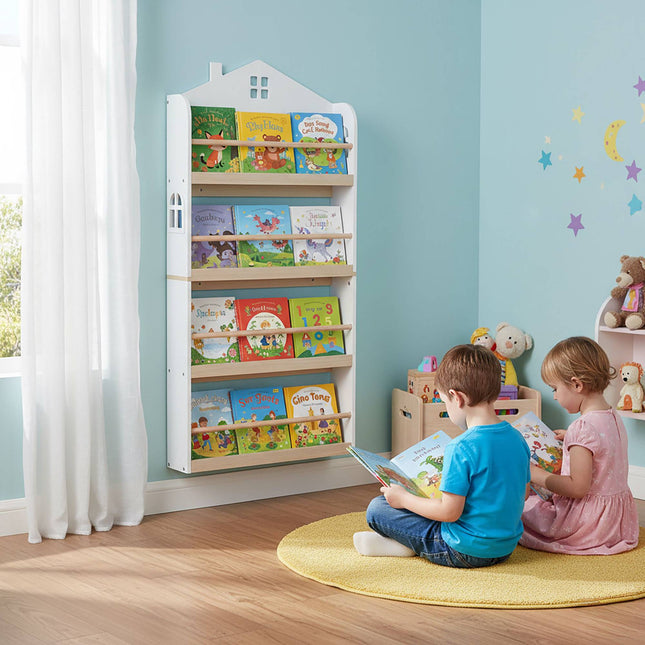 Kinderboekenkast voor aan de muur, wit, huisvormig