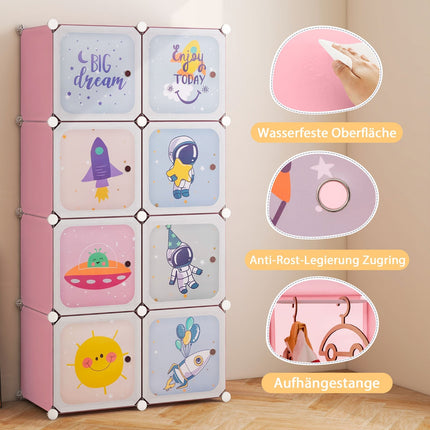 Kids Wardrobe Organizer, 8-Cube Pink Plastic Shelving