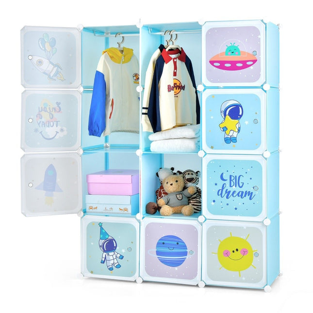 Kinderkleiderschrank mit 2 Hängeabschnitten und 12 Würfeln, Blau