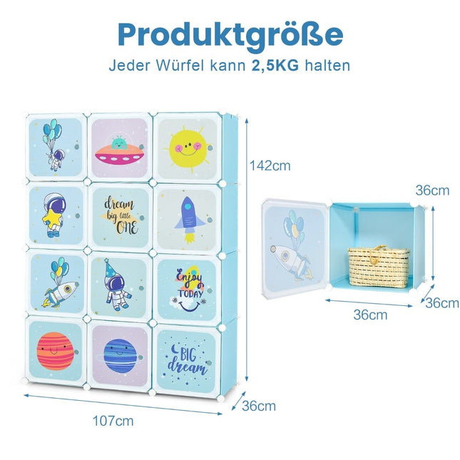 Kinderkleiderschrank mit 2 Hängeabschnitten und 12 Würfeln, Blau
