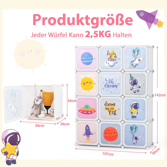 Kinderkleiderschrank mit 2 Hängeelementen & 12 Fächern