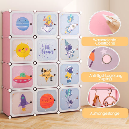 Kids Wardrobe with 2 Hanging Sections & 12 Cubes