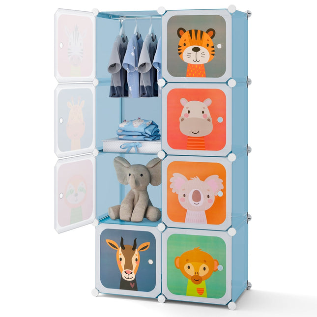 Kinderkleiderschrank mit 8 Fächern und Kleiderstange, Blau