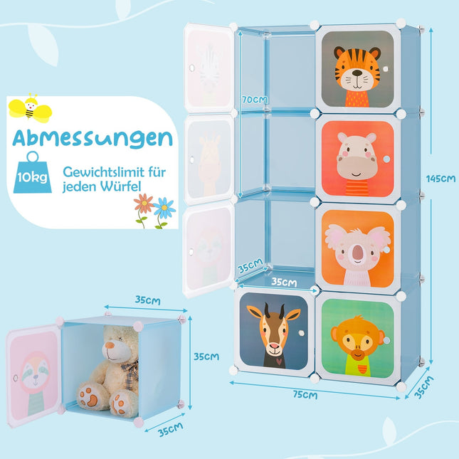 Kinderkleiderschrank mit 8 Fächern und Kleiderstange, Blau