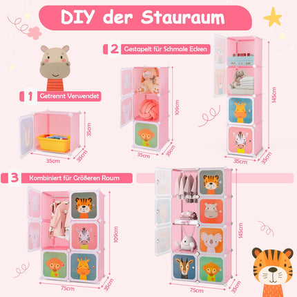 Kinderkleiderschrank mit 8 Würfeln & Aufhängebereich, Rosa