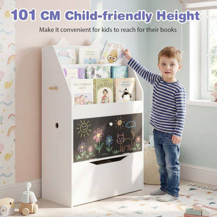 Kids White Bookshelf with Chalkboard and Storage Drawer