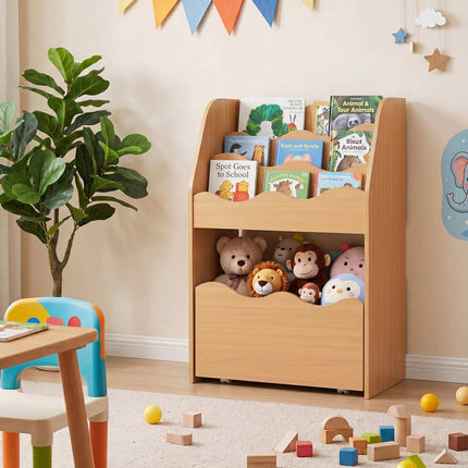 Kids Wooden Bookshelf with Rolling Storage Drawer
