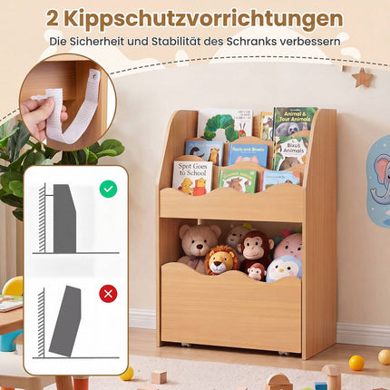 Kids Wooden Bookshelf with Rolling Storage Drawer