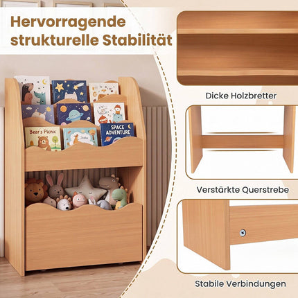 Kids Wooden Bookshelf with Rolling Storage Drawer