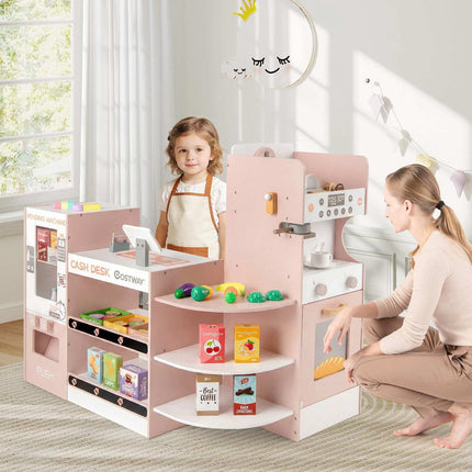 Kids Wooden Grocery Store Playset – Pink Supermarket