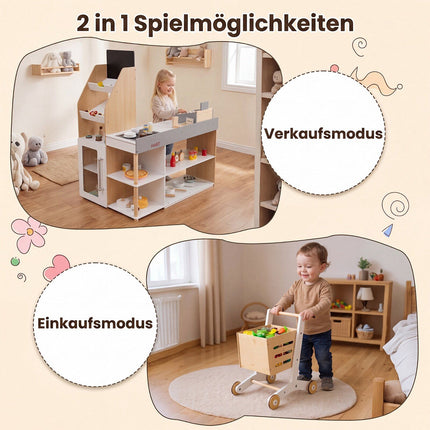 Kids Wooden Grocery Store Playset with Shopping Cart