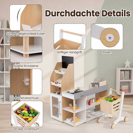 Kids Wooden Grocery Store Playset with Shopping Cart