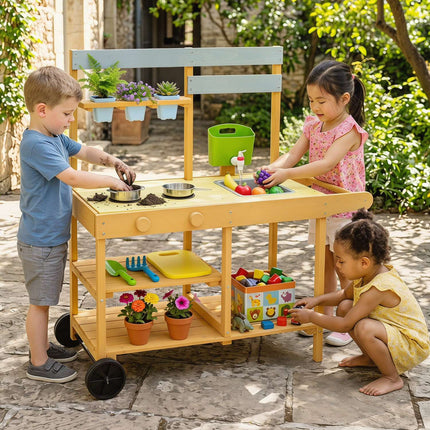 Kids Wooden Mud Kitchen with Wheels and Flowerpots