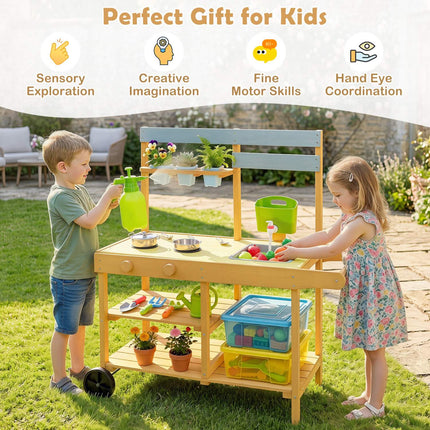 Kids Wooden Mud Kitchen with Wheels and Flowerpots
