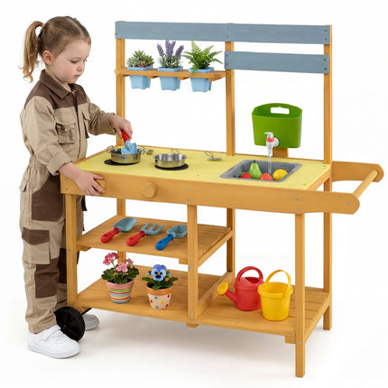 Kids Wooden Mud Kitchen with Wheels and Flowerpots