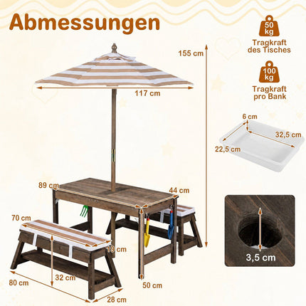Kids Wooden Picnic Table Set with Umbrella and Benches