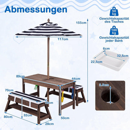 Kids Wooden Picnic Table Set with Umbrella and Cushions