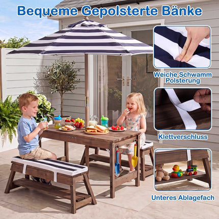 Kids Wooden Picnic Table Set with Umbrella and Cushions