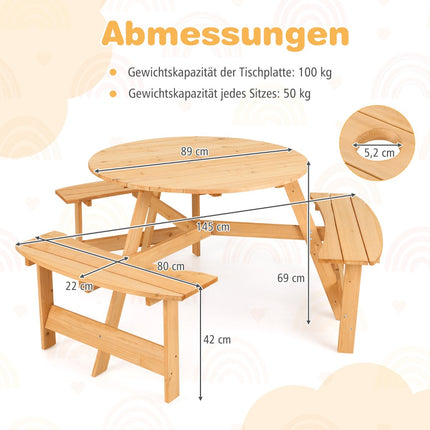 Picknicktisch- und Bank-Set für Kinder aus Holz mit Sonnenschirmloch