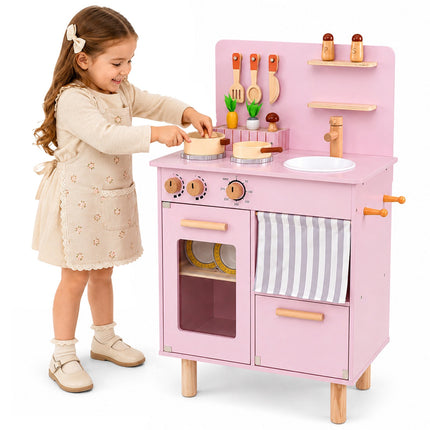 Kids Wooden Play Kitchen Set, Pink – Sink, Stove, Storage