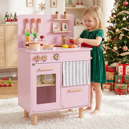 Kids Wooden Play Kitchen Set, Pink – Sink, Stove, Storage