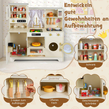 Houten speelkeuken voor kinderen met fornuis, gootsteen en koffiezetapparaat.