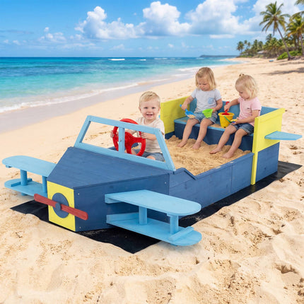 Kinder Sandkasten aus Holz mit Bodenschutzfolie und Bank, Blau