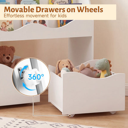 Kids Wooden Storage Organizer with Rolling Drawers, White