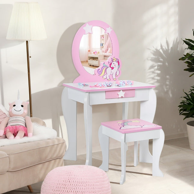 Kinder-Schminktisch-Set aus Holz mit Hocker, Spiegel, Schublade – Rosa & Weiß