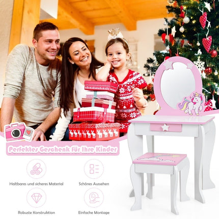 Kinder-Schminktisch-Set aus Holz mit Hocker, Spiegel, Schublade – Rosa & Weiß