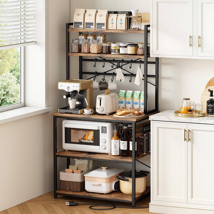 Kitchen Bakers Rack With Power Strip, 12 Hooks