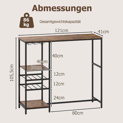 Kitchen Bar Table with Shelves, Wine Racks, Glass Holders