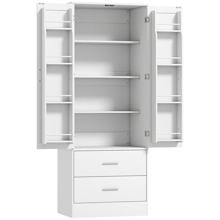 Kitchen Cabinet, Adjustable Shelves, 2 Drawers, White MDF