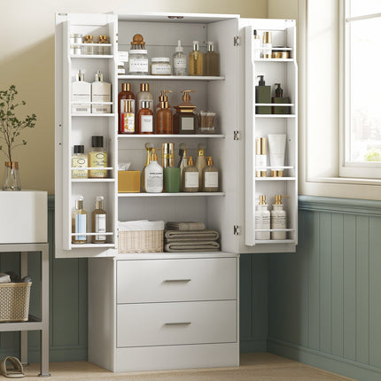 Kitchen Cabinet, Adjustable Shelves, 2 Drawers, White MDF