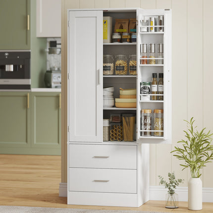 Kitchen Cabinet, Adjustable Shelves, 2 Drawers, White MDF