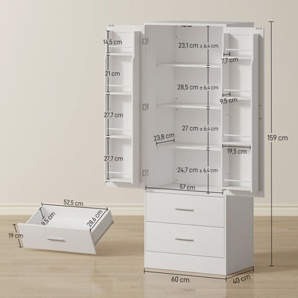 Kitchen Cabinet, Adjustable Shelves, 2 Drawers, White MDF