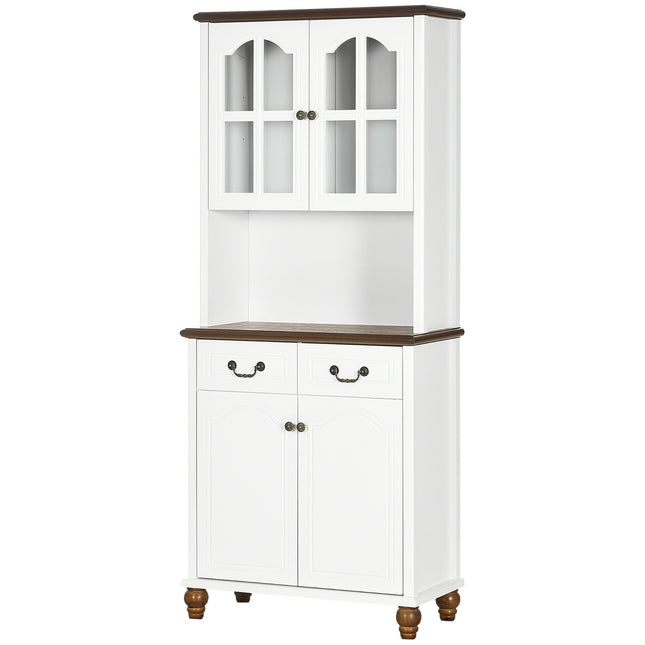 Weißer hoher Küchenschrank – 2 Schubladen, offenes Regal, Soft-Close