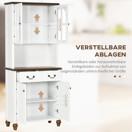 Weißer hoher Küchenschrank – 2 Schubladen, offenes Regal, Soft-Close