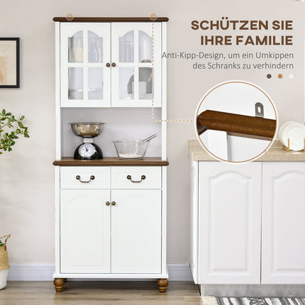 Weißer hoher Küchenschrank – 2 Schubladen, offenes Regal, Soft-Close
