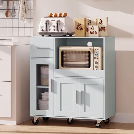 Kitchen Cabinet on Wheels with Pull-Out Tray and Cable Hole, Grey, Drawer