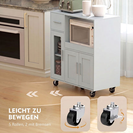 Kitchen Cabinet on Wheels with Pull-Out Tray and Cable Hole, Grey, Drawer
