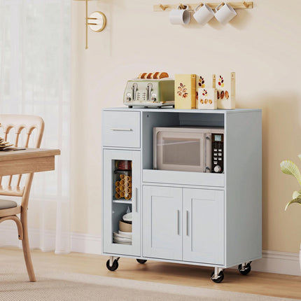 Kitchen Cabinet on Wheels with Pull-Out Tray and Cable Hole, Grey, Drawer
