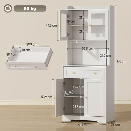 Küchenschrank mit Arbeitsplatte, Weinglashalter, 170 cm, MDF, Weiß