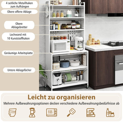 Küchenschrank mit Regalen, Haken und Rollen, Weiß