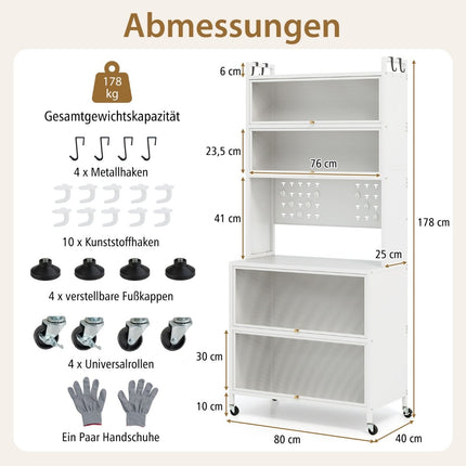 Küchenschrank mit Regalen, Haken und Rollen, Weiß