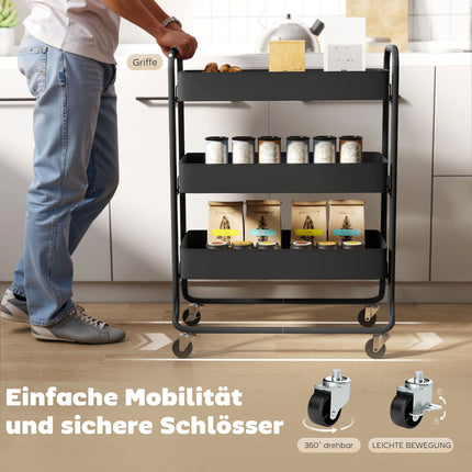 Küchenwagen, 3 Körbe, 4 Rollen, Metall, Schwarz